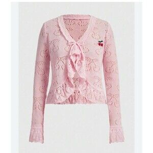 Romwe Pink Cherry Open Knit Front Tie Cropped Cardigan Ruffles S Rockabilly